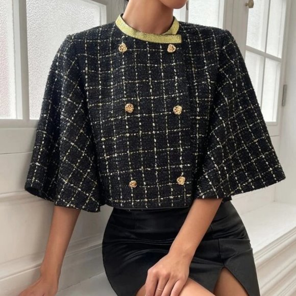 black Double Breasted Trim detailed Trumpet Sleeve Tweed Overcoat Jacket - Picture 3 of 6